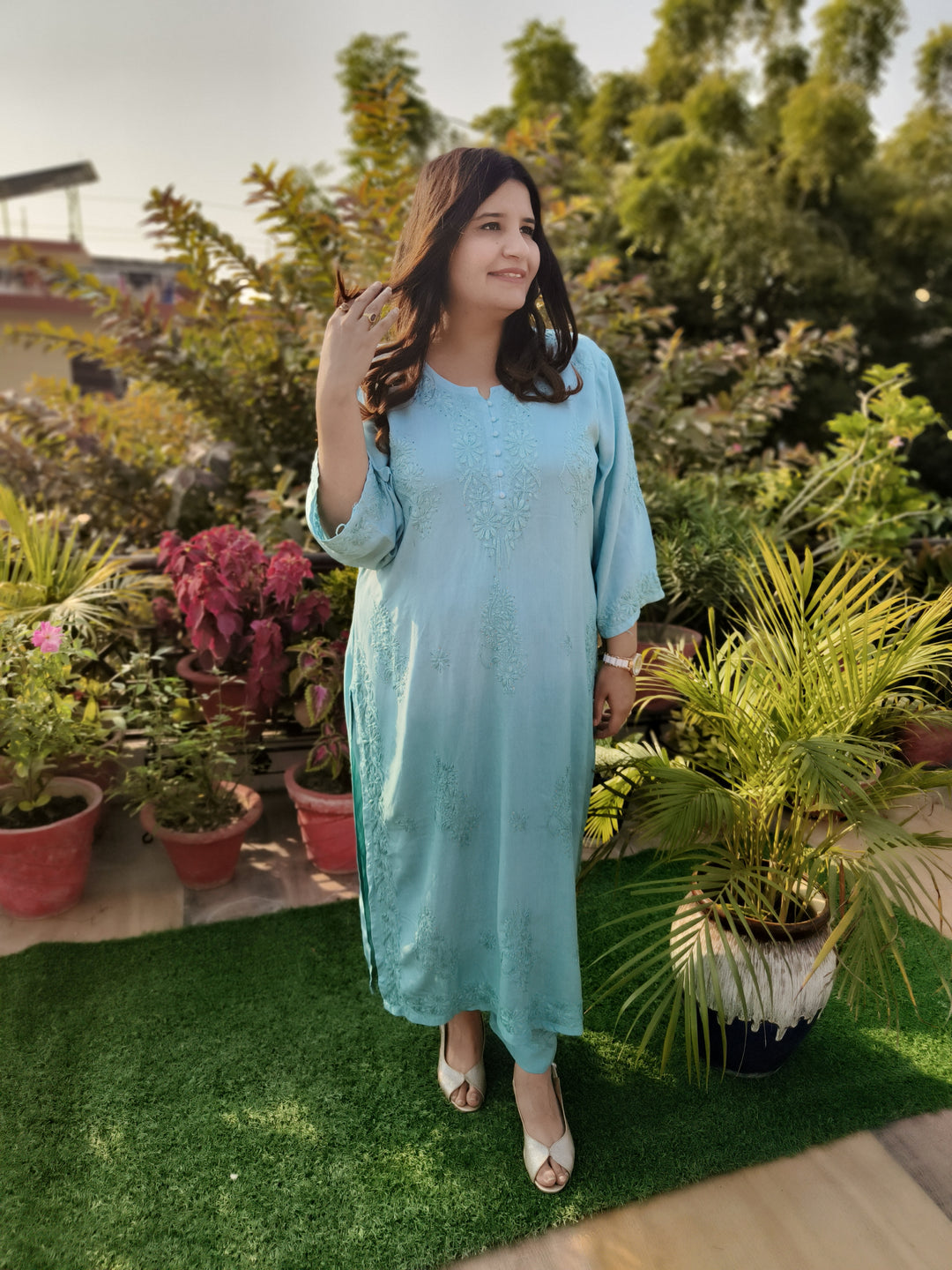 Sea Blue Rayon Chikankari Set -Custom Made