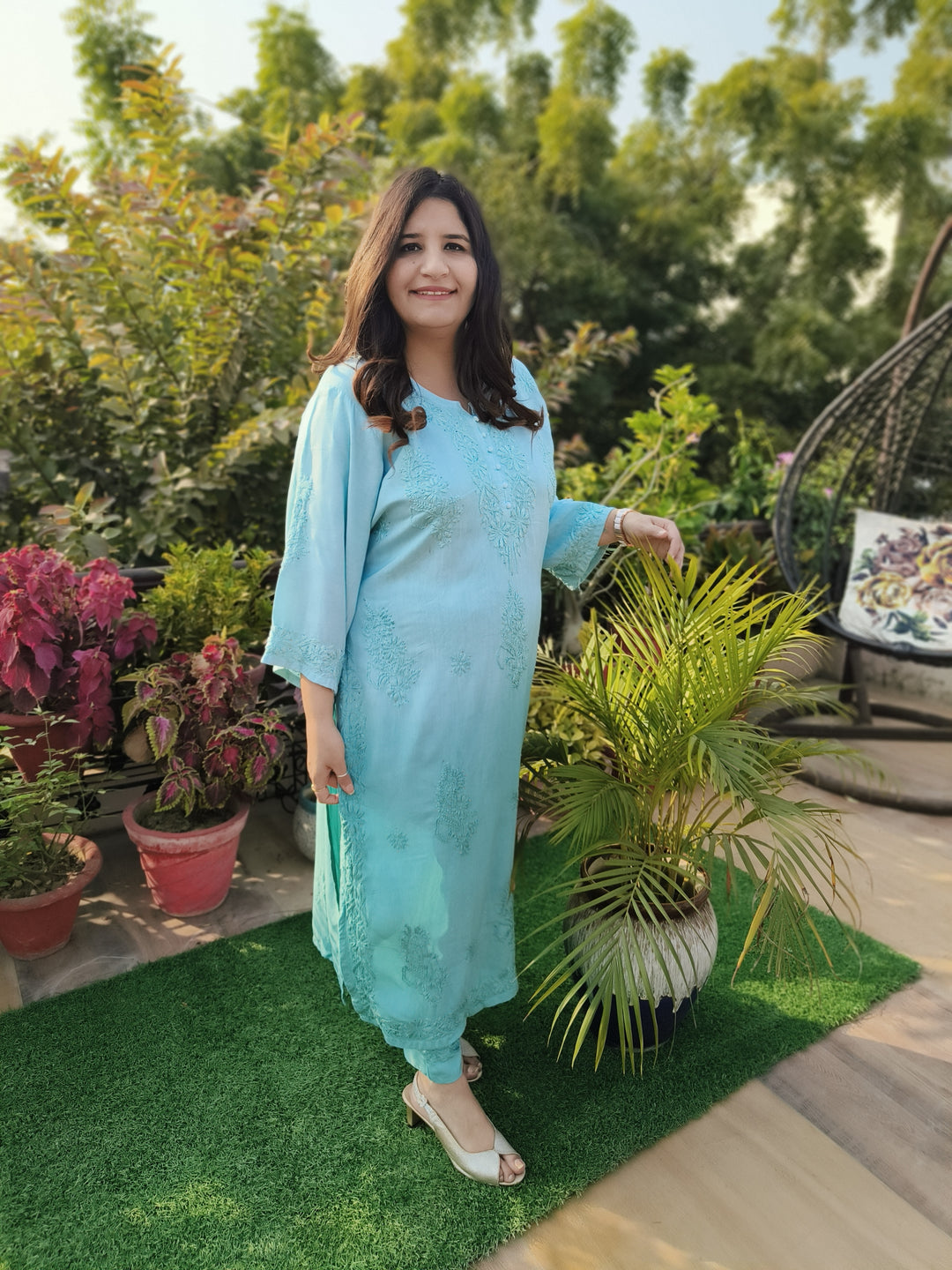 Sea Blue Rayon Chikankari Set -Custom Made