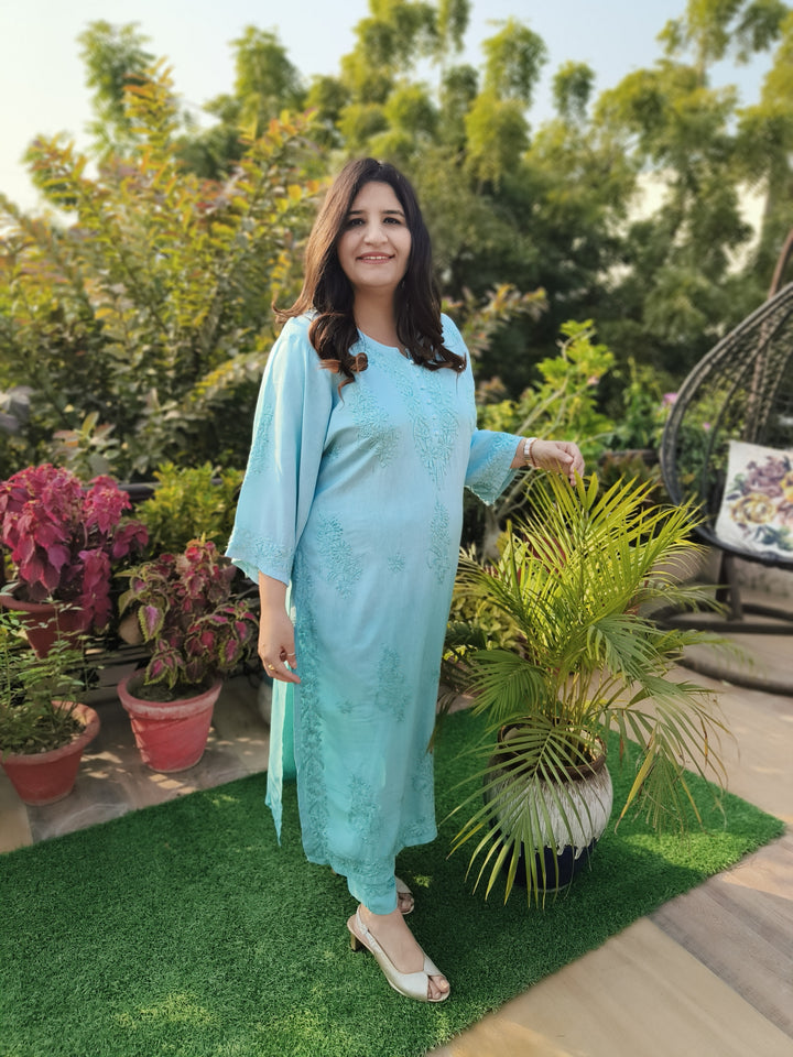 Sea Blue Rayon Chikankari Set -Custom Made