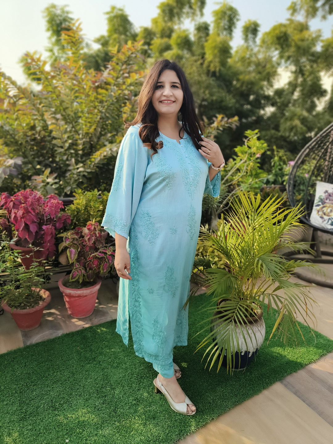 Sea Blue Rayon Chikankari Set -Custom Made