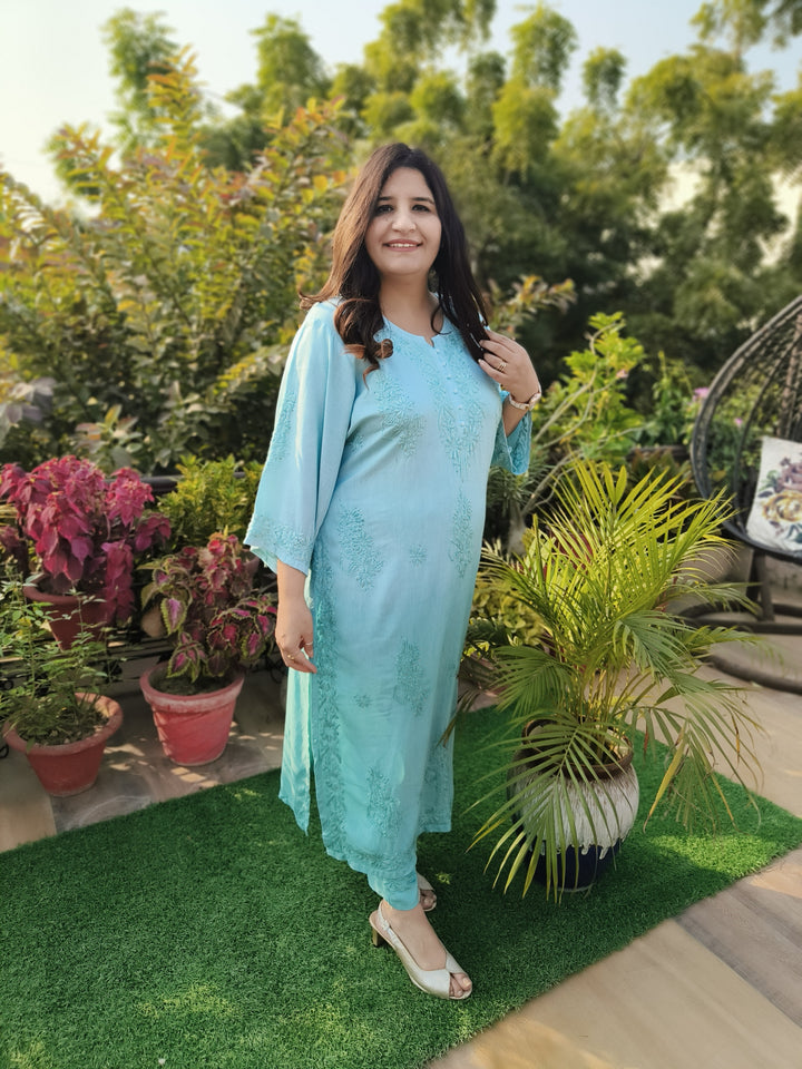 Sea Blue Rayon Chikankari Set -Custom Made