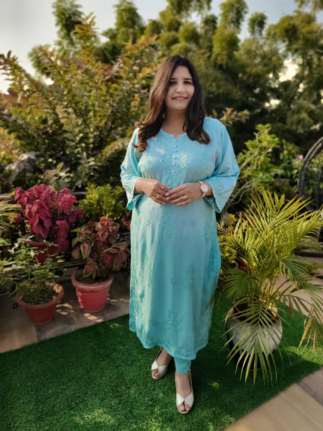 Sea Blue Rayon Chikankari Set -Custom Made