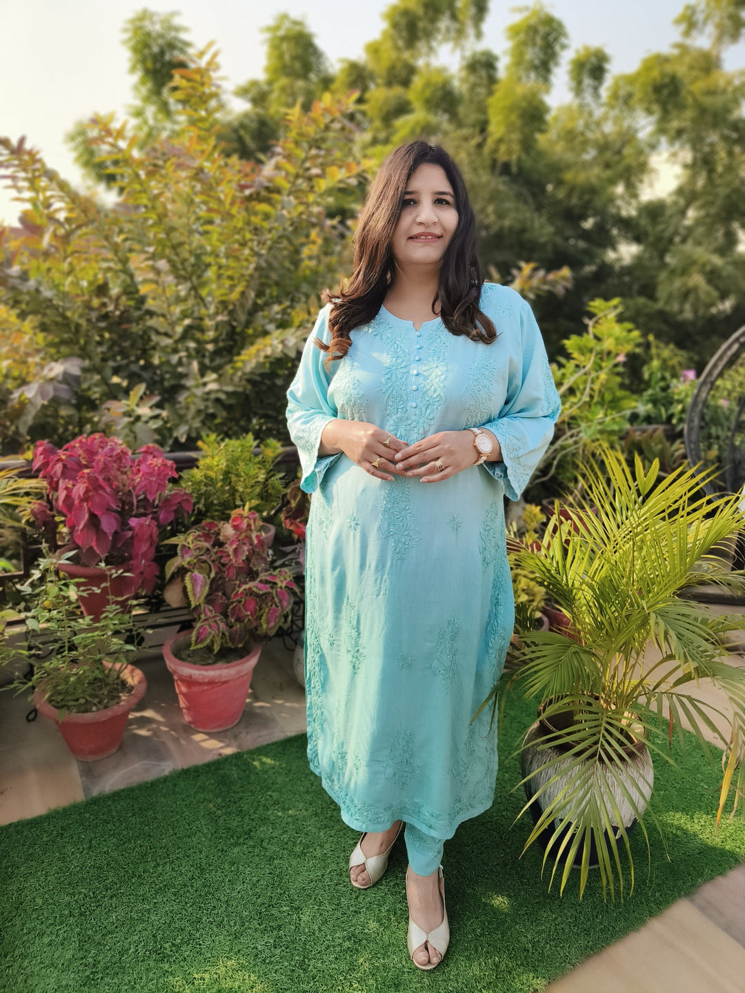 Sea Blue Rayon Chikankari Set -Custom Made