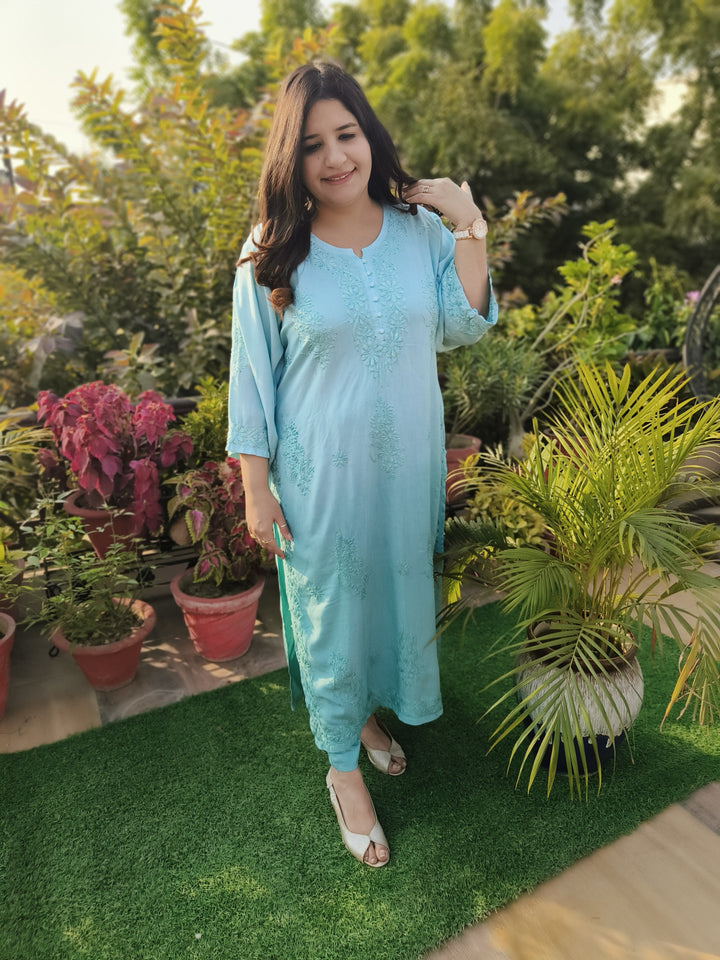 Sea Blue Rayon Chikankari Set -Custom Made