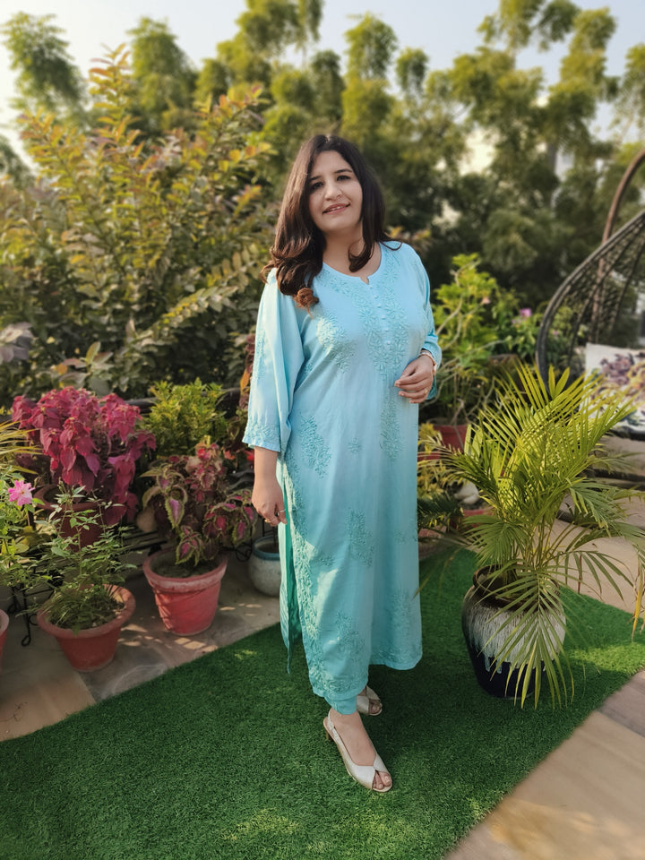 Sea Blue Rayon Chikankari Set -Custom Made