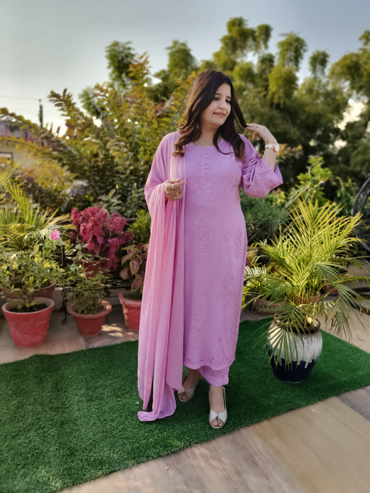 Mouve Rayon Chikankari Suit Set -Custom Made