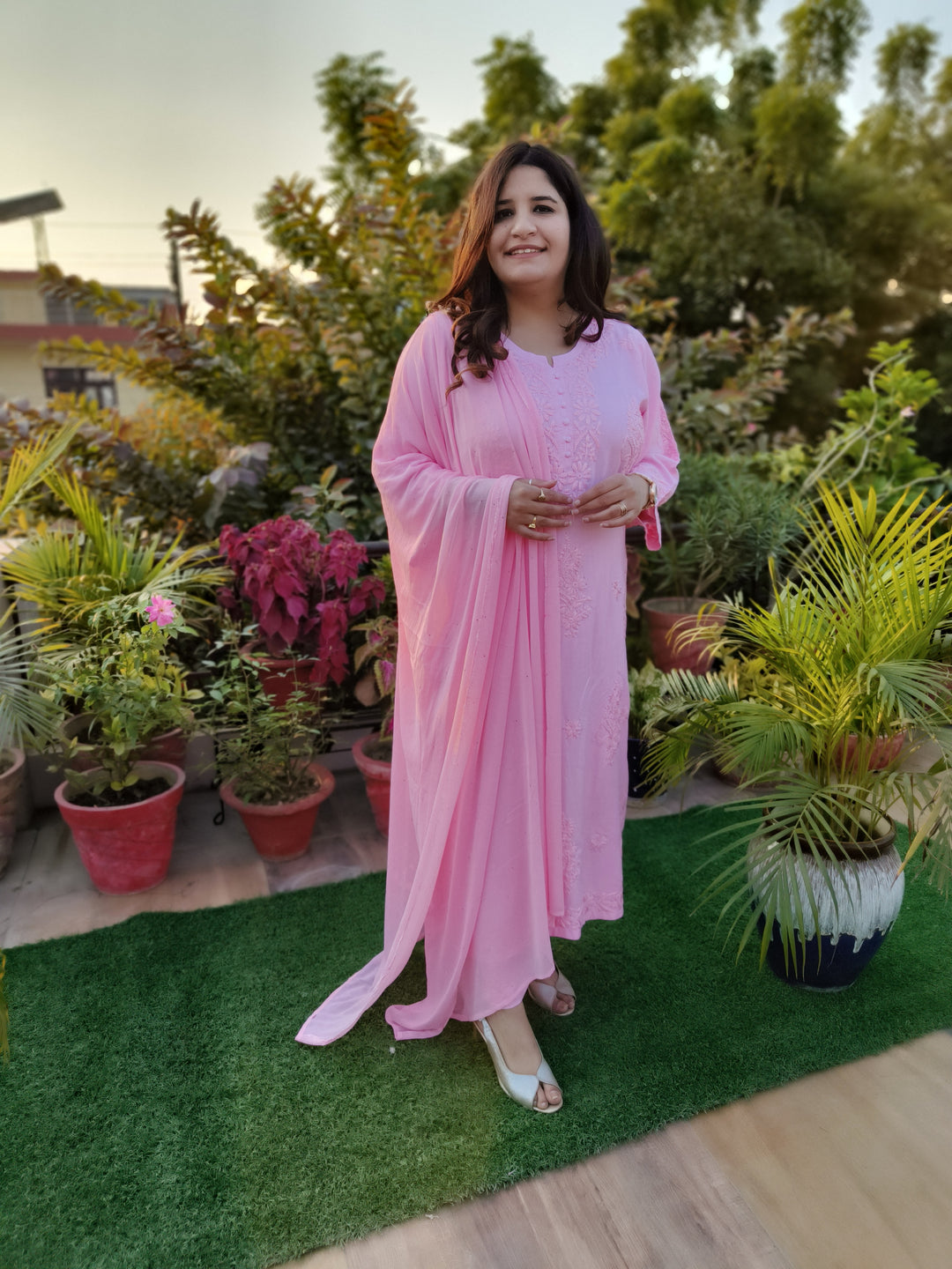 Baby Pink Rayon Chikankari Suit set -Custom Made