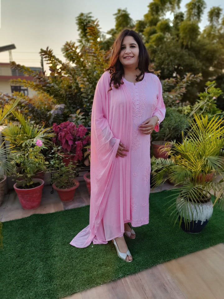 Baby Pink Rayon Chikankari Suit set -Custom Made
