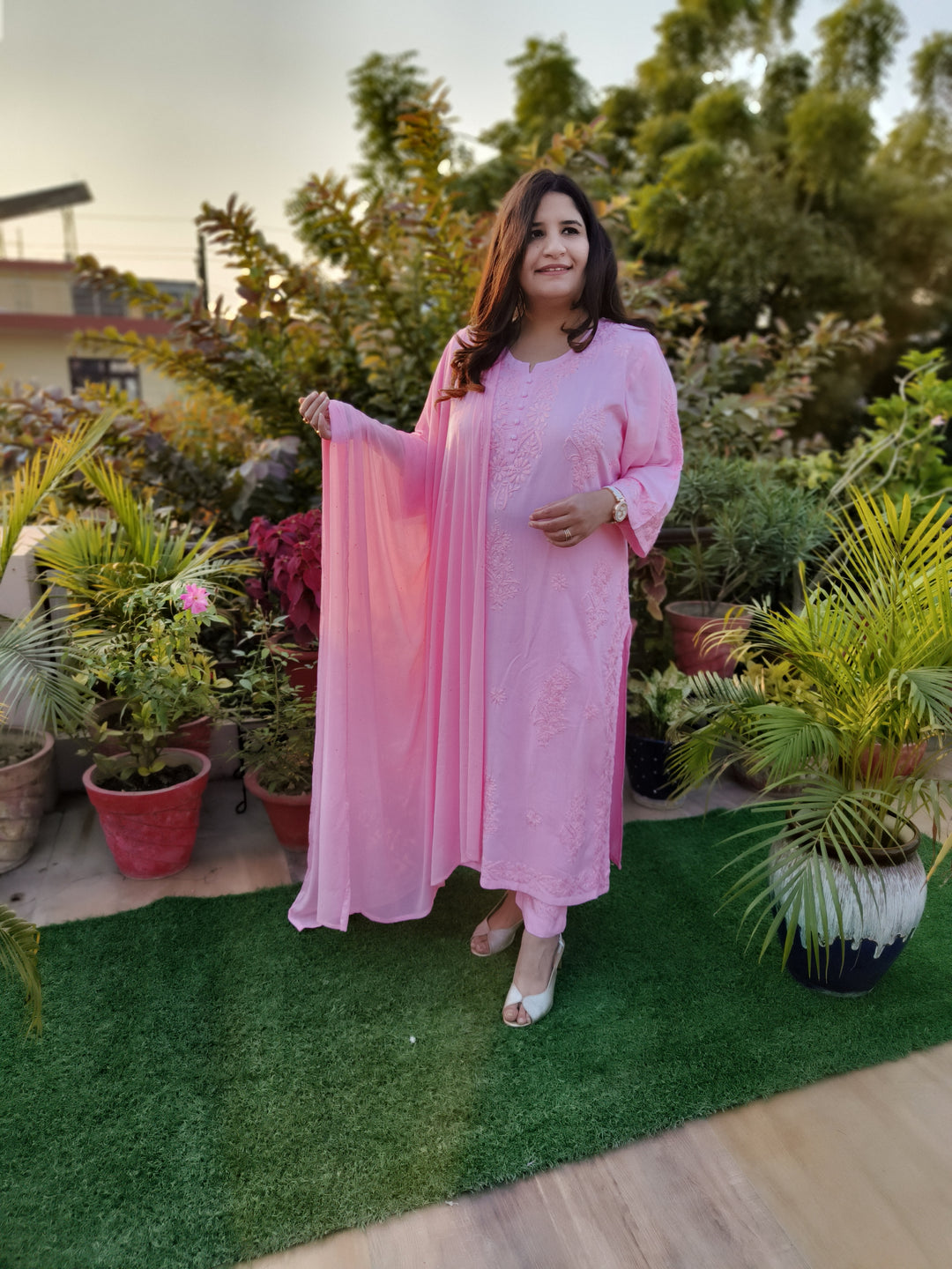 Baby Pink Rayon Chikankari Suit set -Custom Made