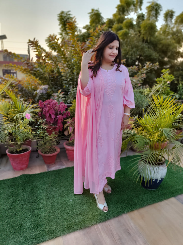 Baby Pink Rayon Chikankari Suit set -Custom Made
