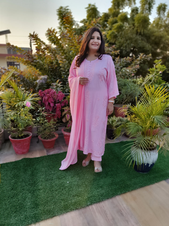 Baby Pink Rayon Chikankari Suit set -Custom Made