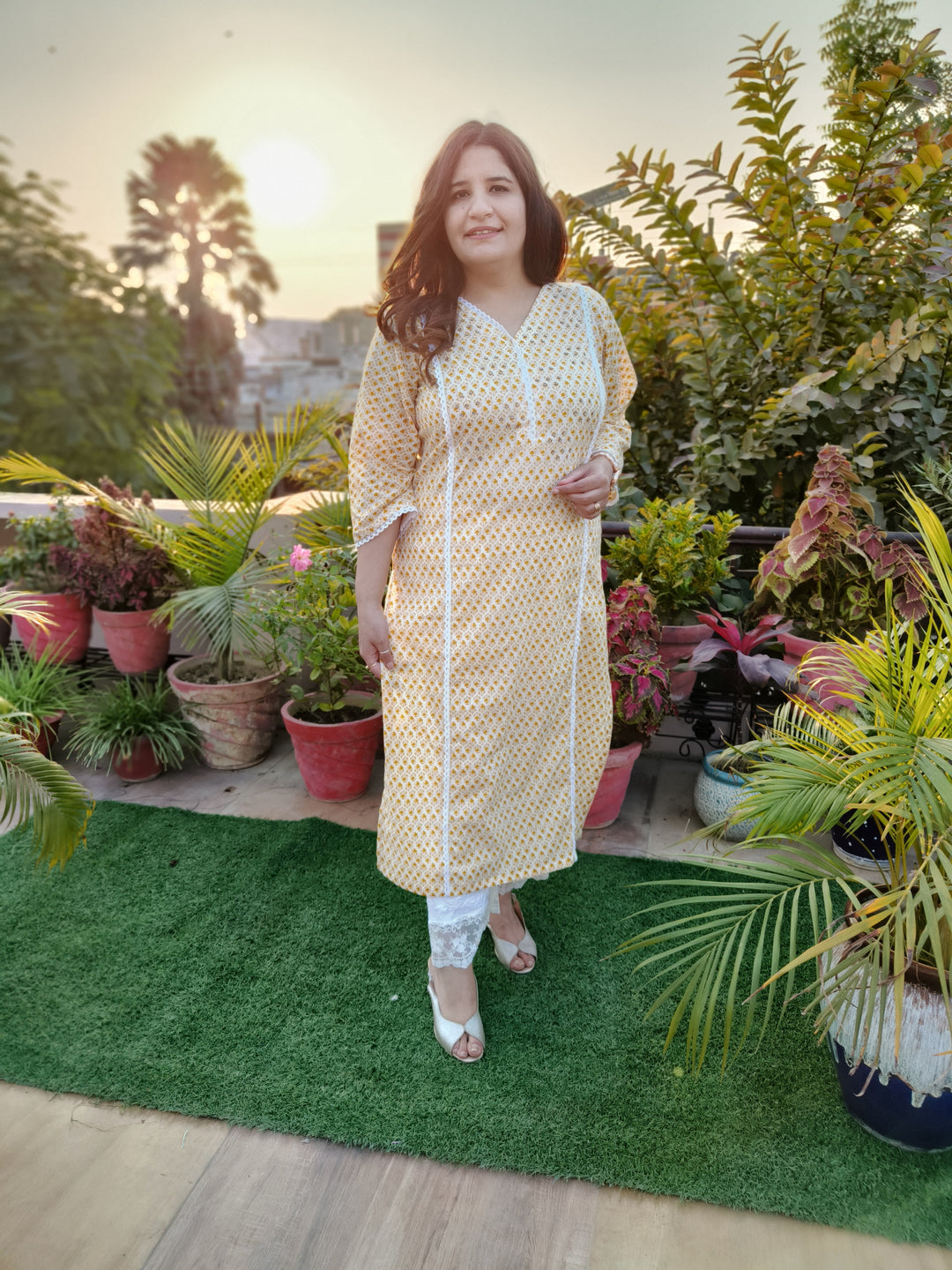 Yellow Printed Cotton kurta