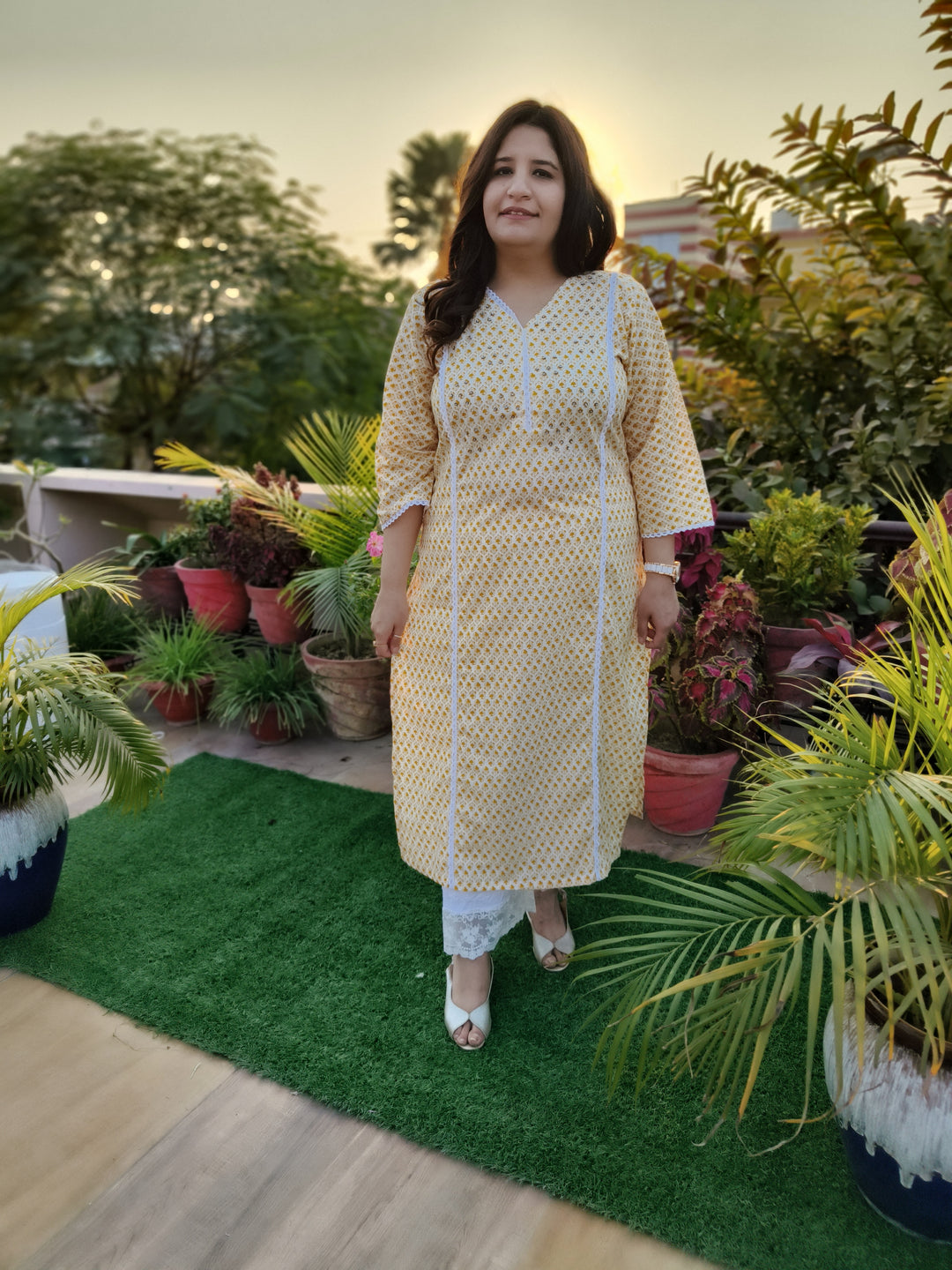 Yellow Printed Cotton kurta