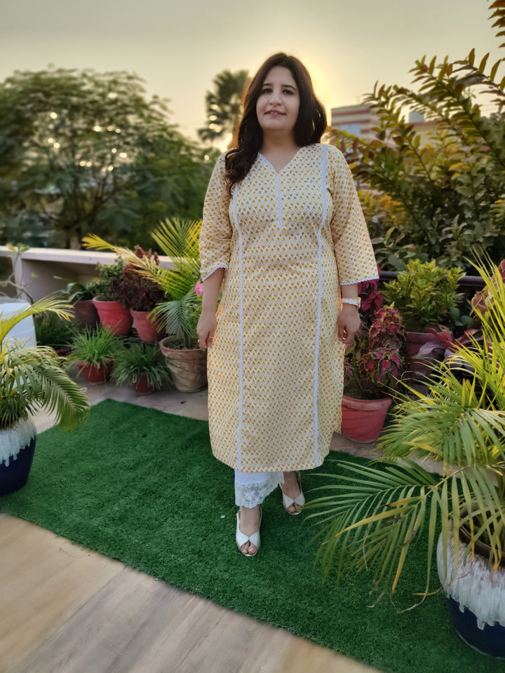 Yellow Printed Cotton kurta