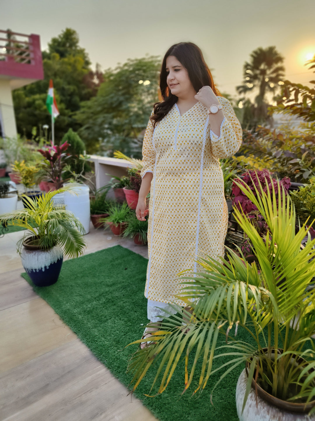 Yellow Printed Cotton kurta