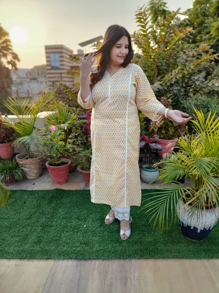 Yellow Printed Cotton kurta