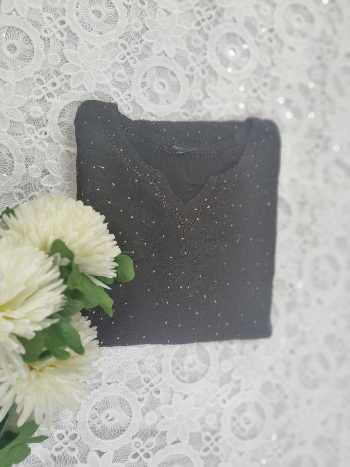 Black Pure Georgette Chikankari Short kurta