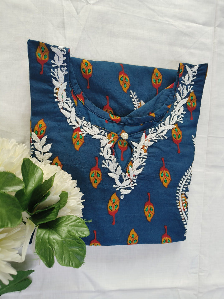 Peacock Blue Cotton Chikankari kurta Kurta