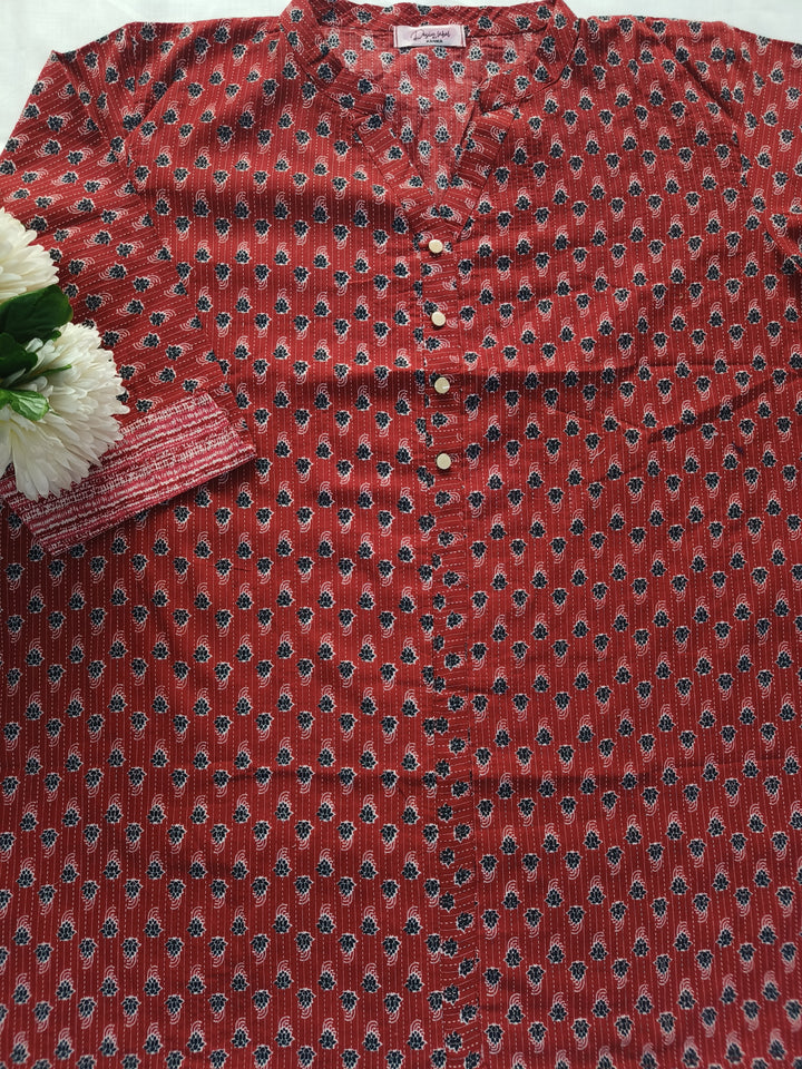 Maroon Printed Cotton Short kurta