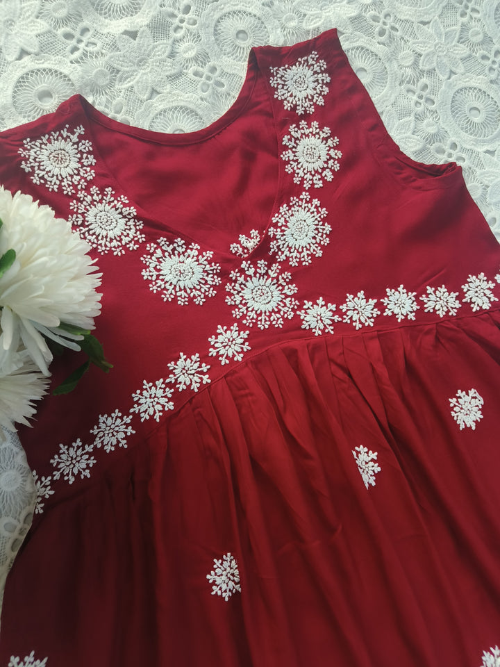 Maroon Rayon Chikankari Short kurta