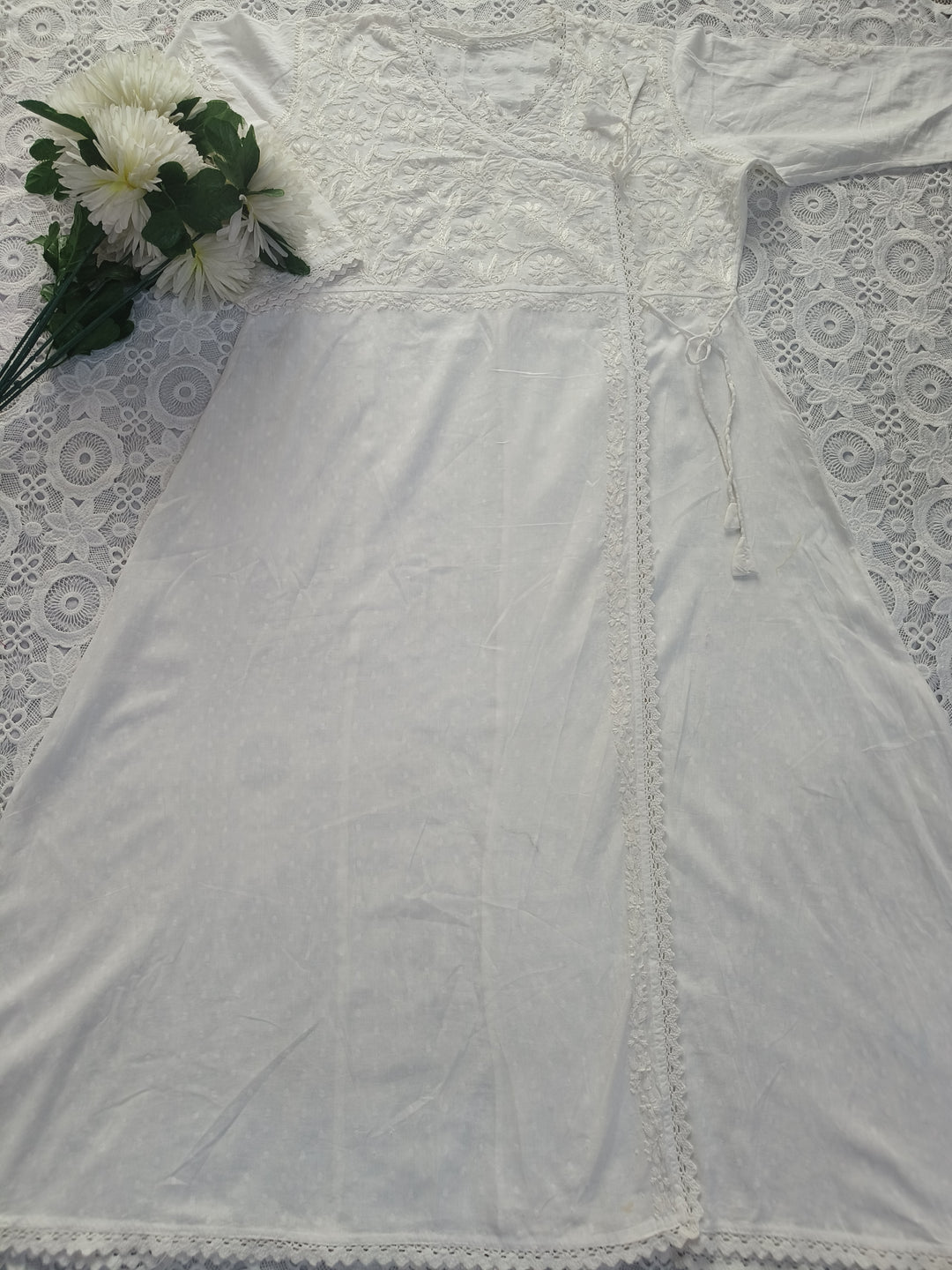 White Cotton Chikankari Angrakha Kurta