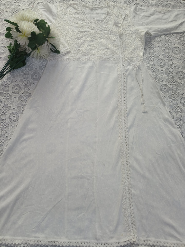 White Cotton Chikankari Angrakha Kurta
