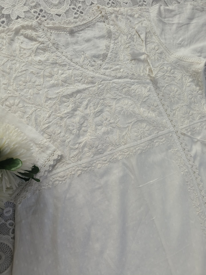 White Cotton Chikankari Angrakha Kurta