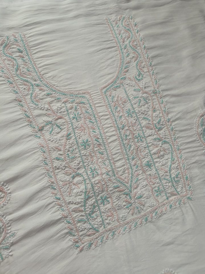 White Chanderi Chikankari Suit Fabric