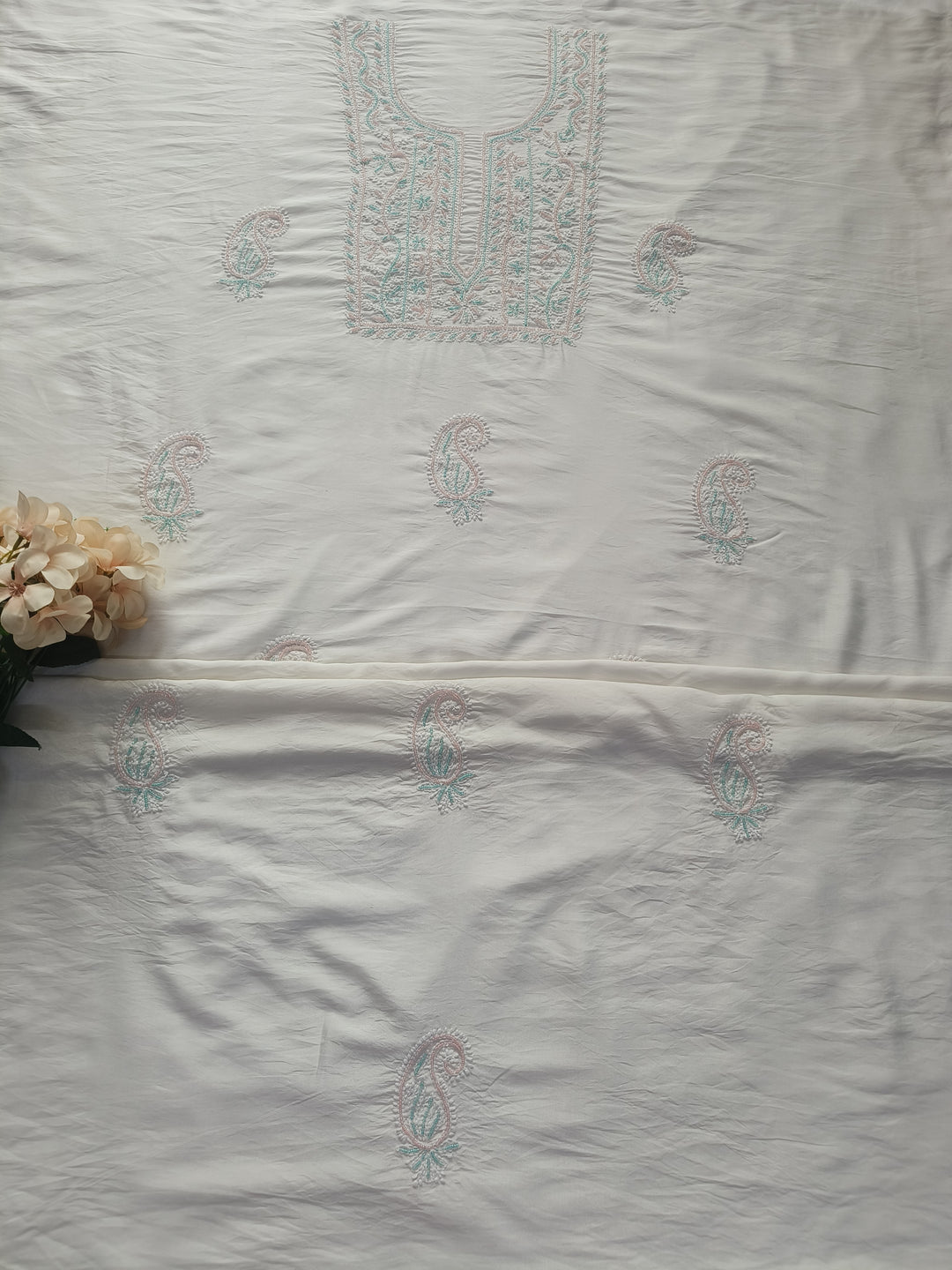 White Chanderi Chikankari Suit Fabric