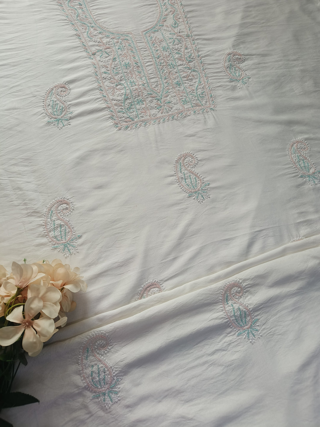 White Chanderi Chikankari Suit Fabric