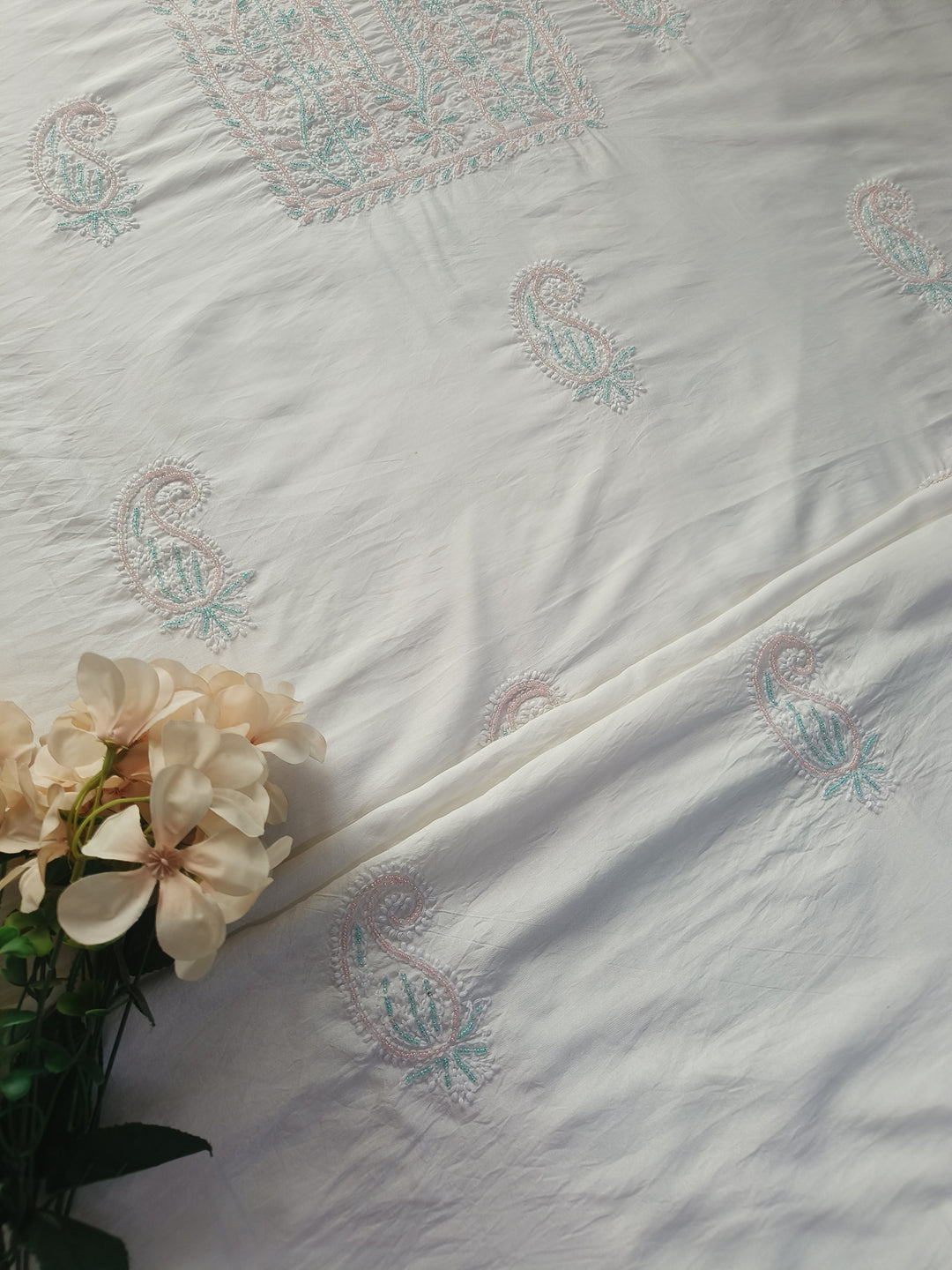 White Chanderi Chikankari Suit Fabric