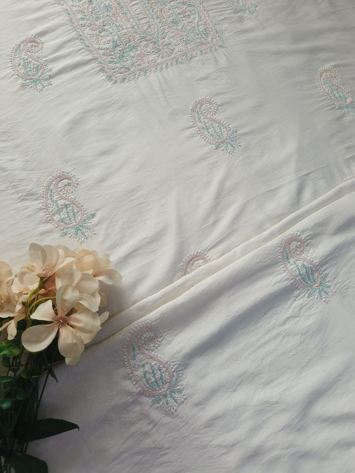 White Chanderi Chikankari Suit Fabric