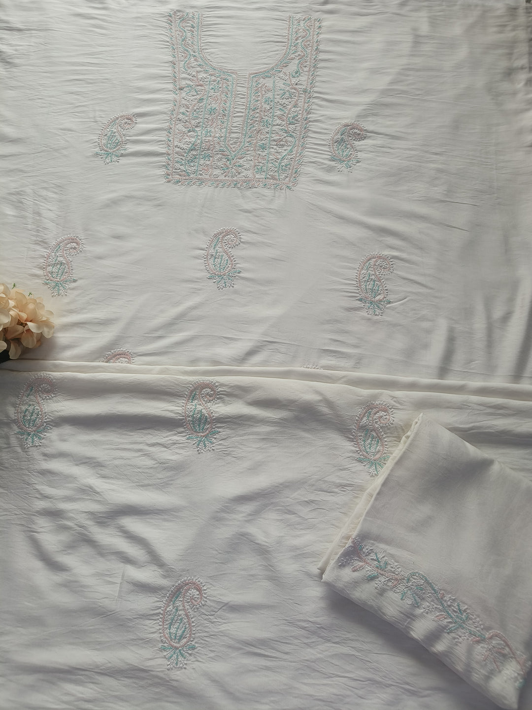 White Chanderi Chikankari Suit Fabric
