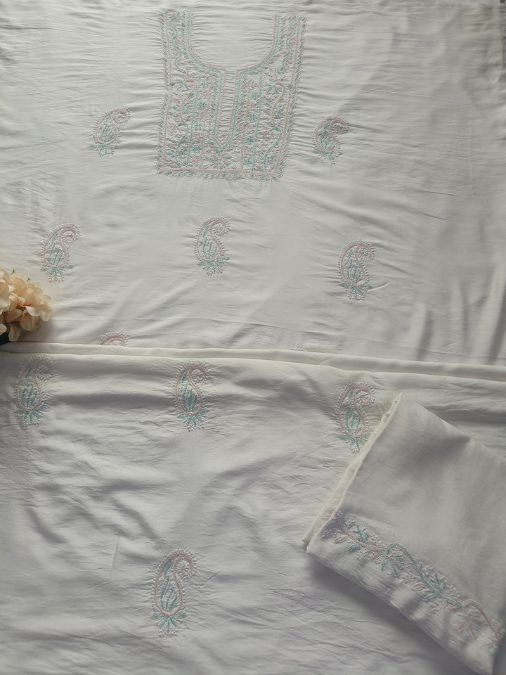 White Chanderi Chikankari Suit Fabric