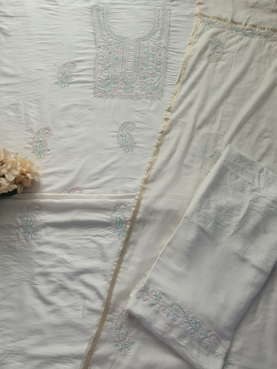 White Chanderi Chikankari Suit Fabric