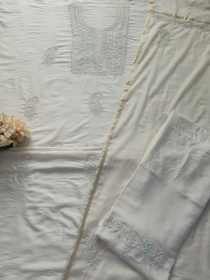 White Chanderi Chikankari Suit Fabric