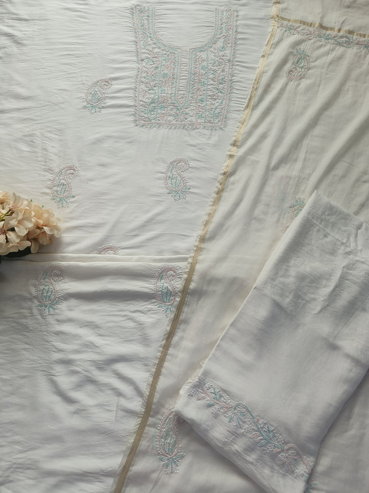 White Chanderi Chikankari Suit Fabric