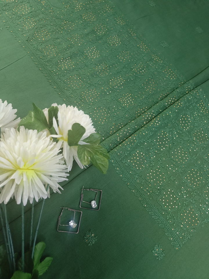 Bottle Green Chanderi Chikankari Suit Fabric