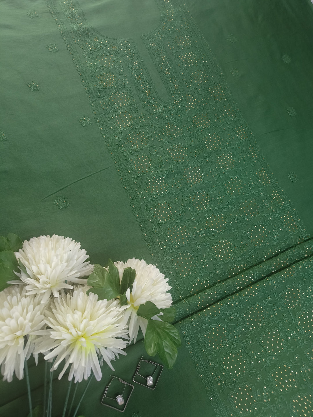Bottle Green Chanderi Chikankari Suit Fabric