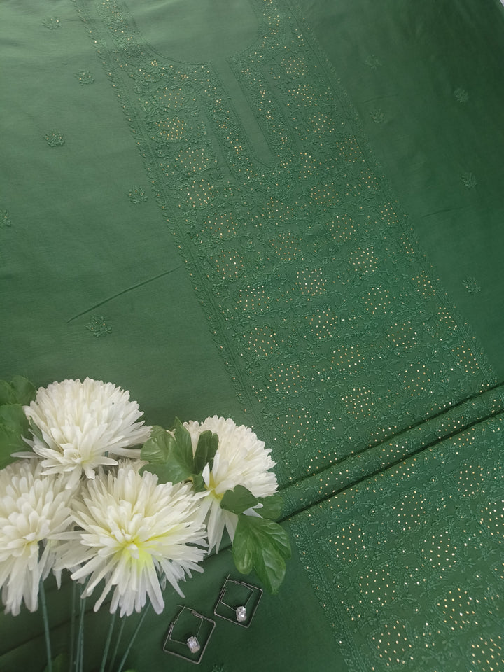 Bottle Green Chanderi Chikankari Suit Fabric