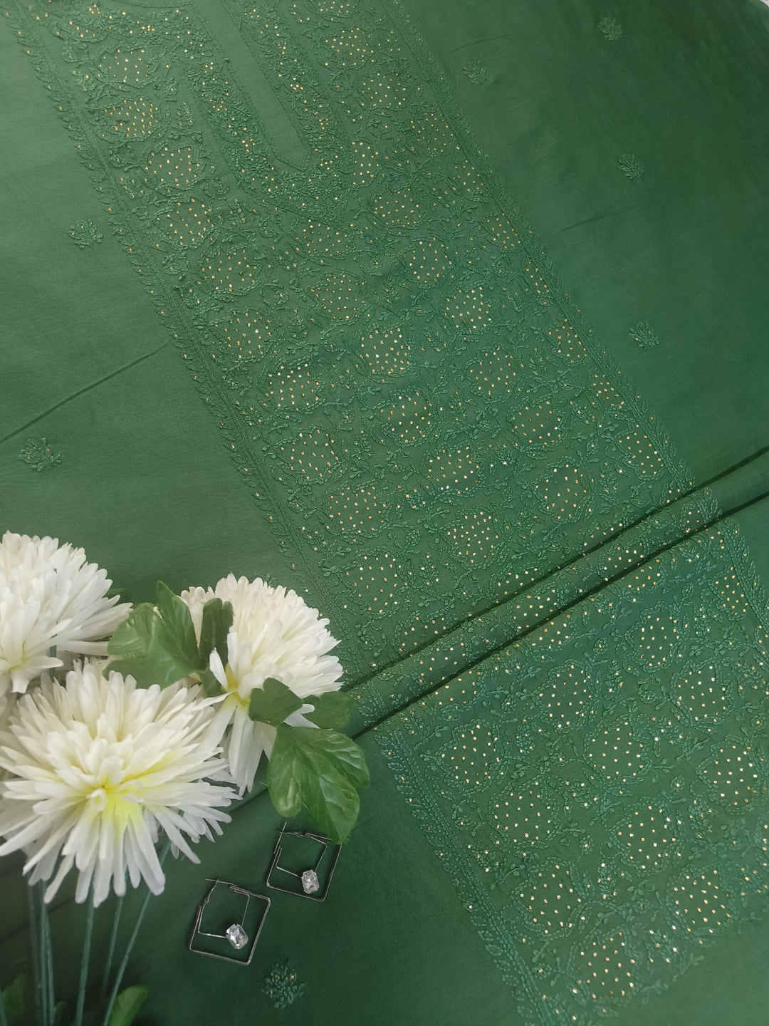 Bottle Green Chanderi Chikankari Suit Fabric