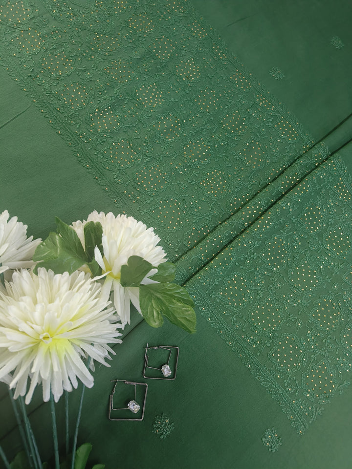 Bottle Green Chanderi Chikankari Suit Fabric
