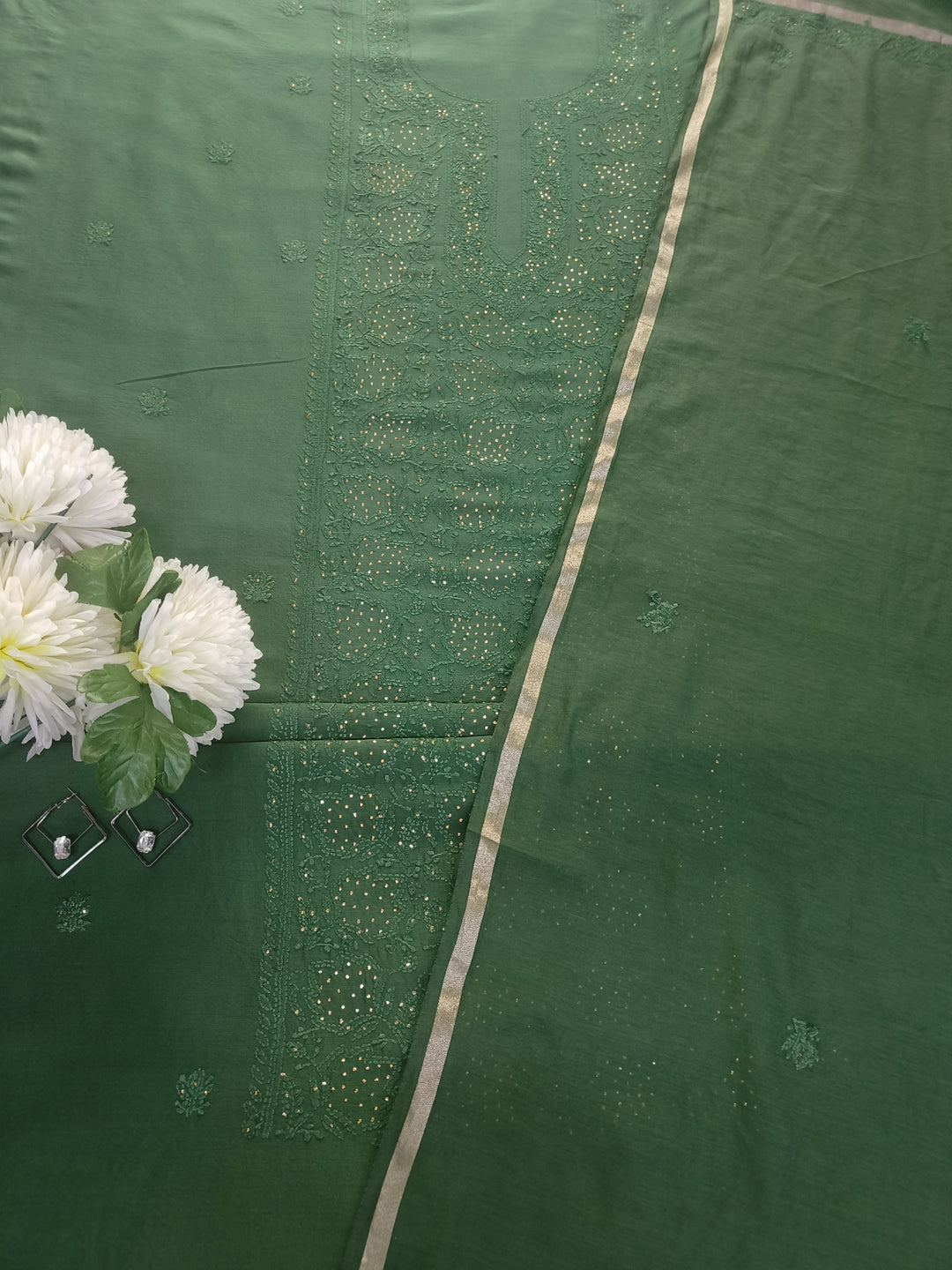 Bottle Green Chanderi Chikankari Suit Fabric