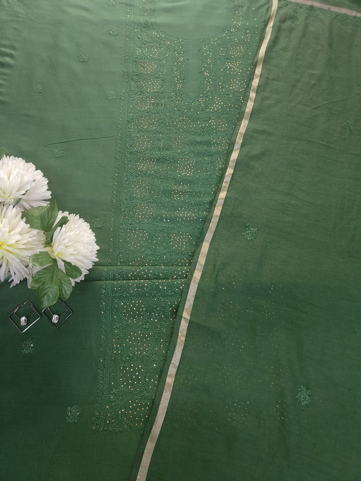 Bottle Green Chanderi Chikankari Suit Fabric