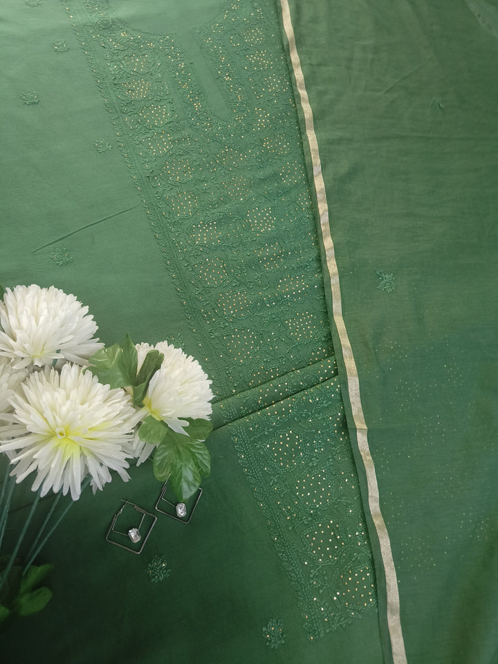 Bottle Green Chanderi Chikankari Suit Fabric