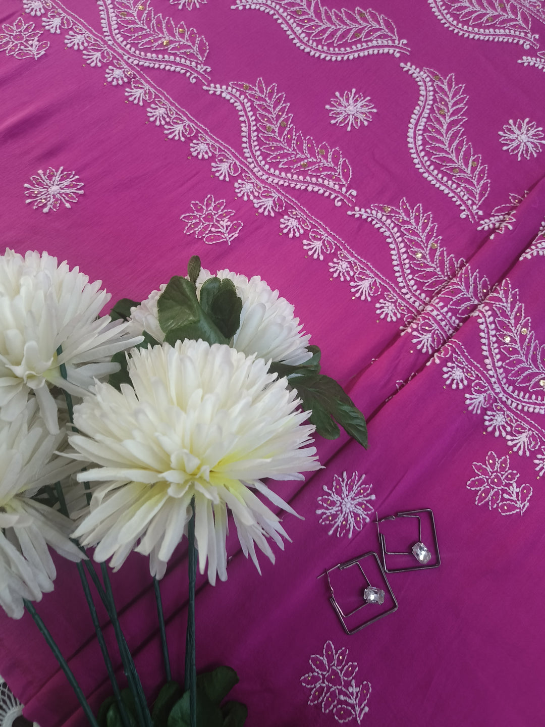 Rani Pink Chanderi Chikankari Suit Fabric
