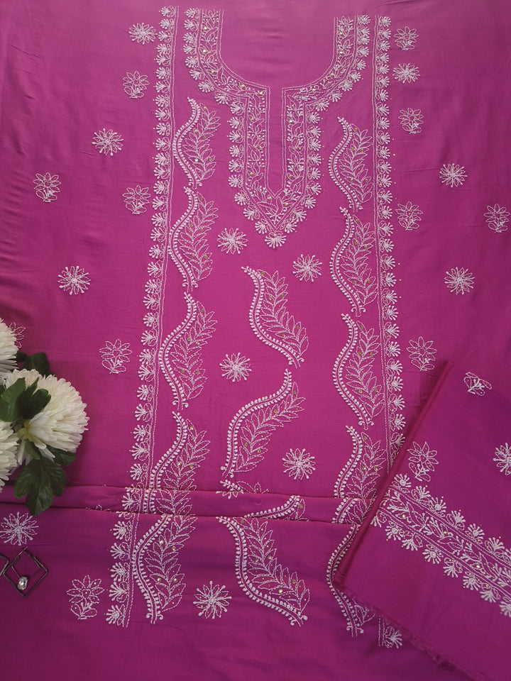 Rani Pink Chanderi Chikankari Suit Fabric