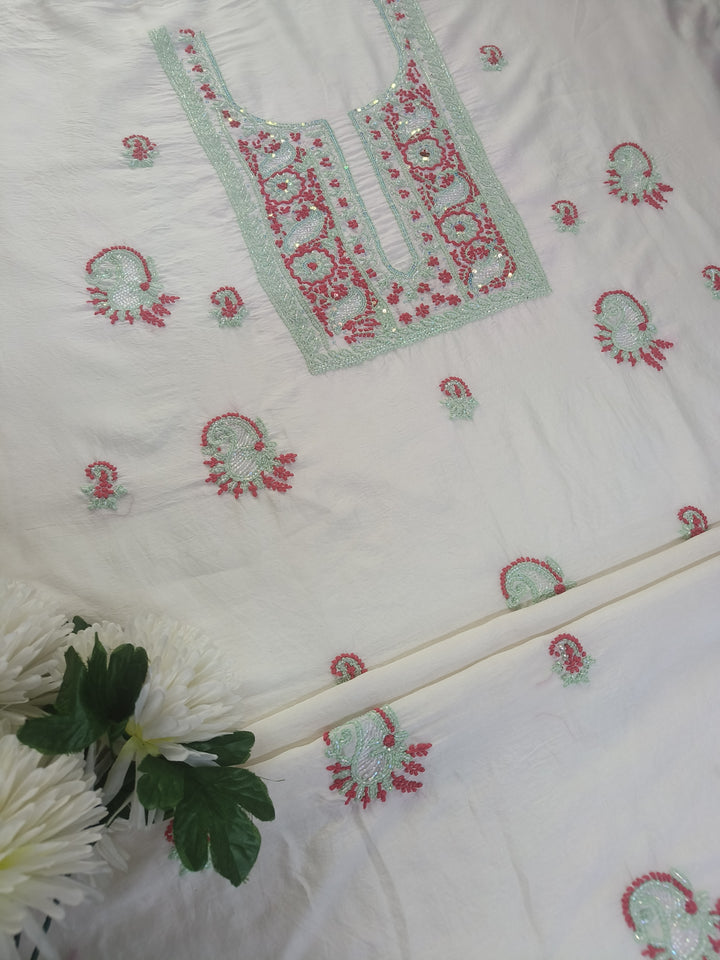 Off White Chanderi Chikankari Suit Fabric