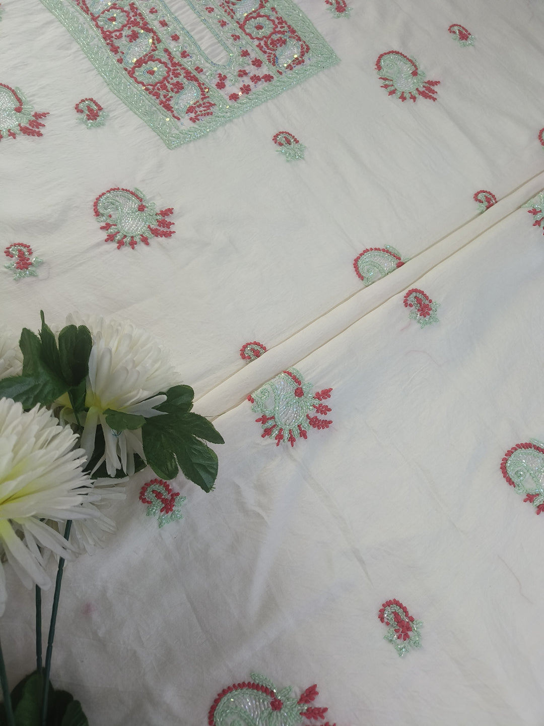 Off White Chanderi Chikankari Suit Fabric