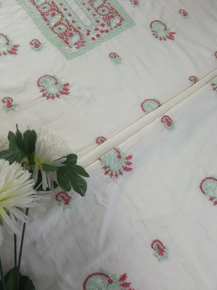 Off White Chanderi Chikankari Suit Fabric